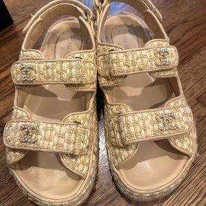 Chanel Raffia Tweed Pearl Dad Beige Sandals Super Rare